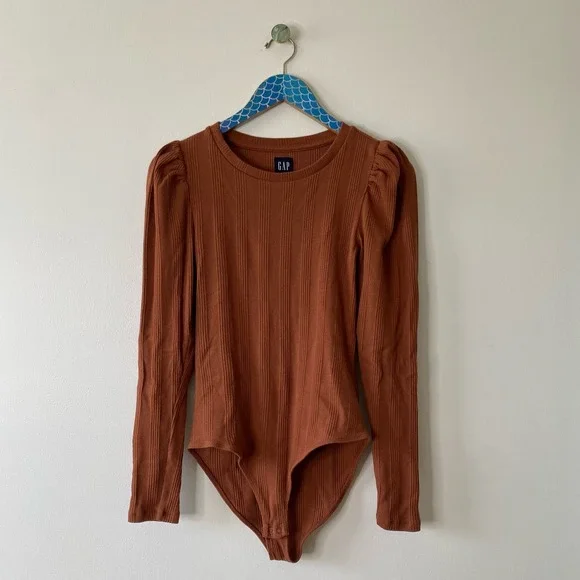 GAP Saddle Brown Ribbed Puff Sleeve Stretch Cotton Bodysuit - Picture 9 of 9